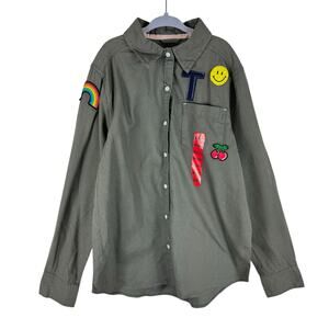 Tractr NWT Army Green Long Sleeve Snap Up Shirt Patches Cotton Girls Size 10 12